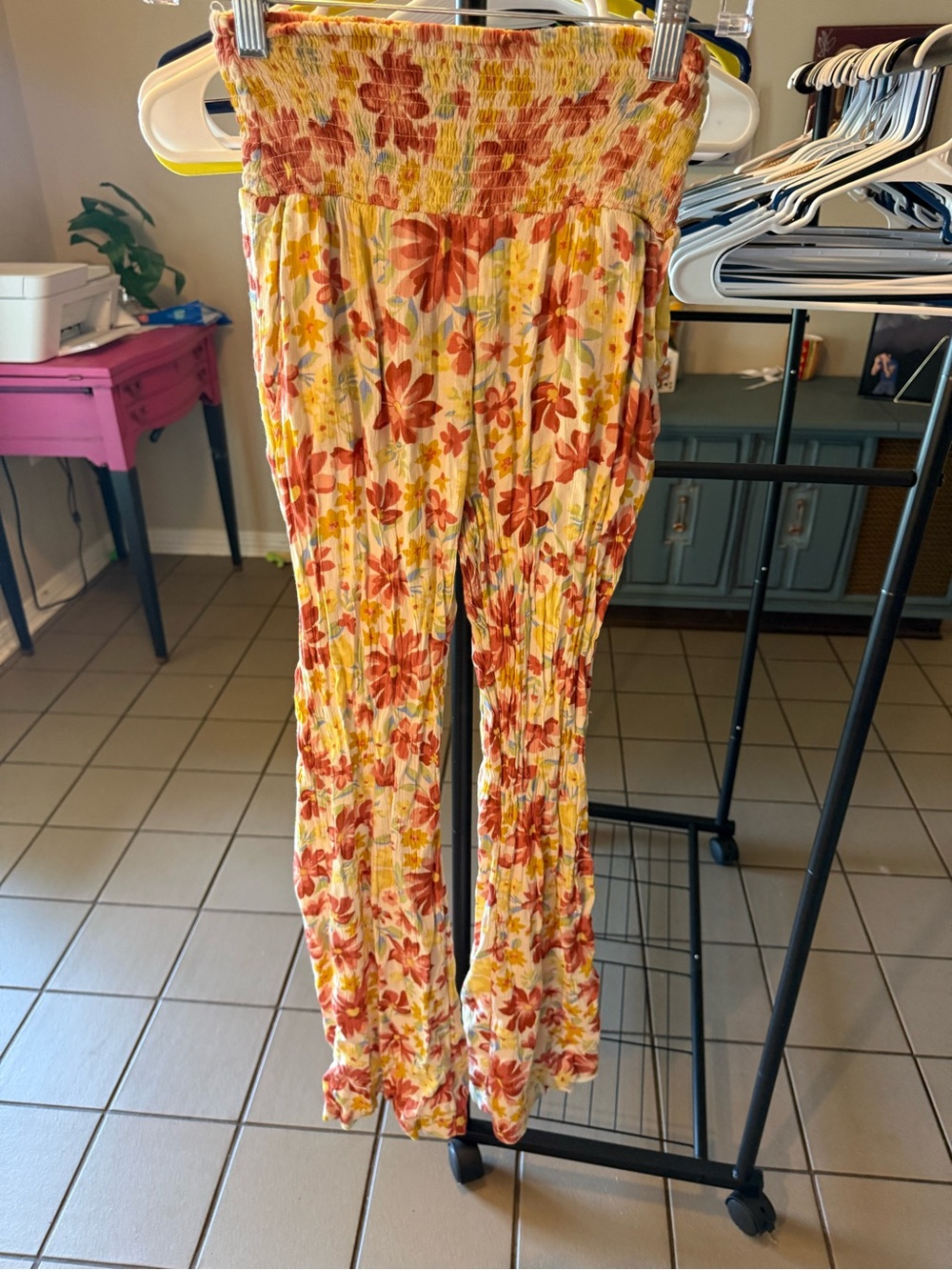 Billabong Rust Floral Smocked-Waist Wide-Leg Pants